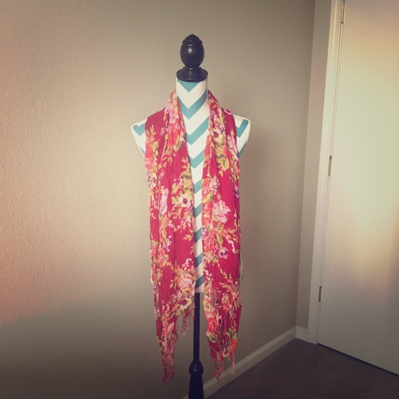 Accessories - Light scarf-Multicolored red floral with fringe